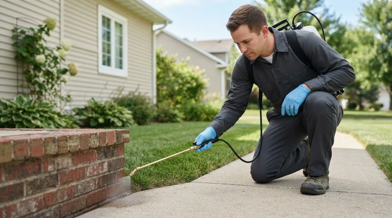 Pest control technician treating a home near Garber, IA
