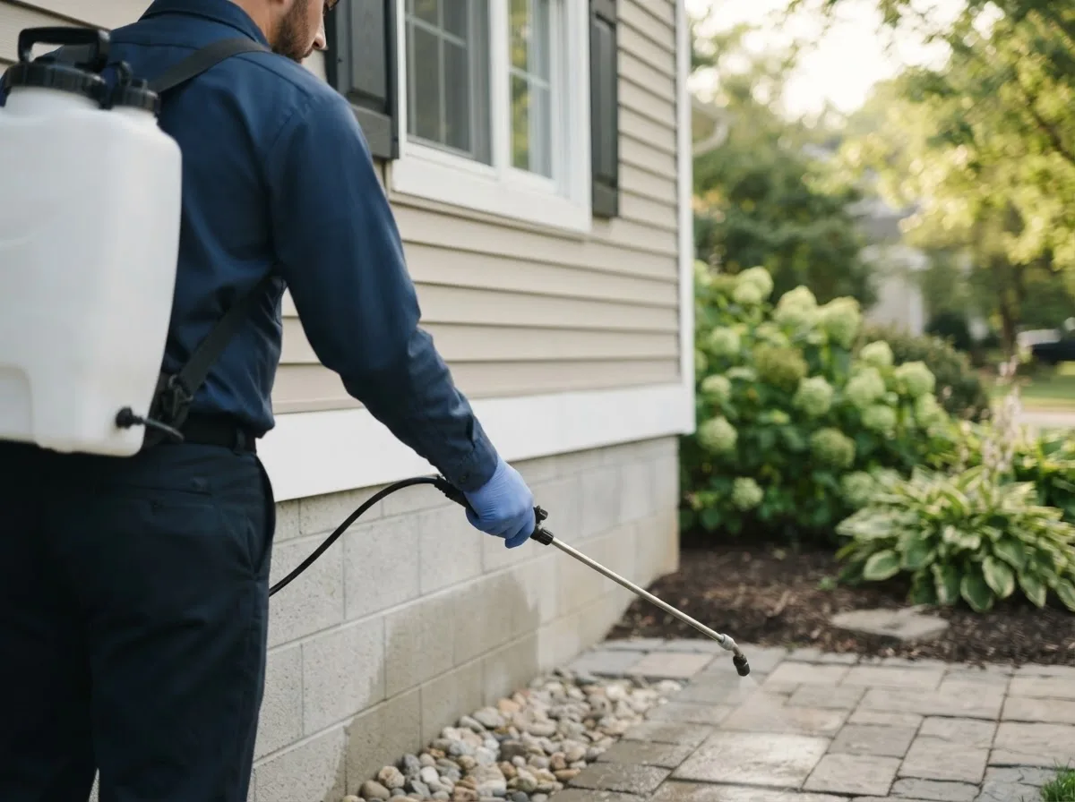 Pest control technician inspecting a home in Garber, IA